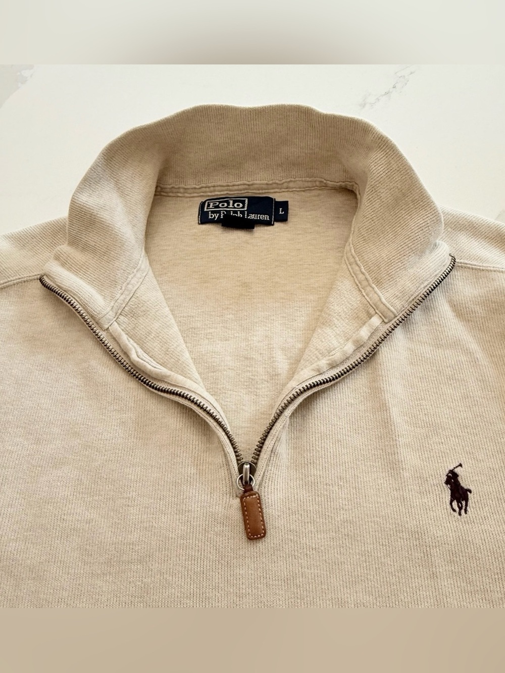 Polo Ralph Lauren Mens L Beige Cotton Quarter Zip Pullover Sweater Leather Pony